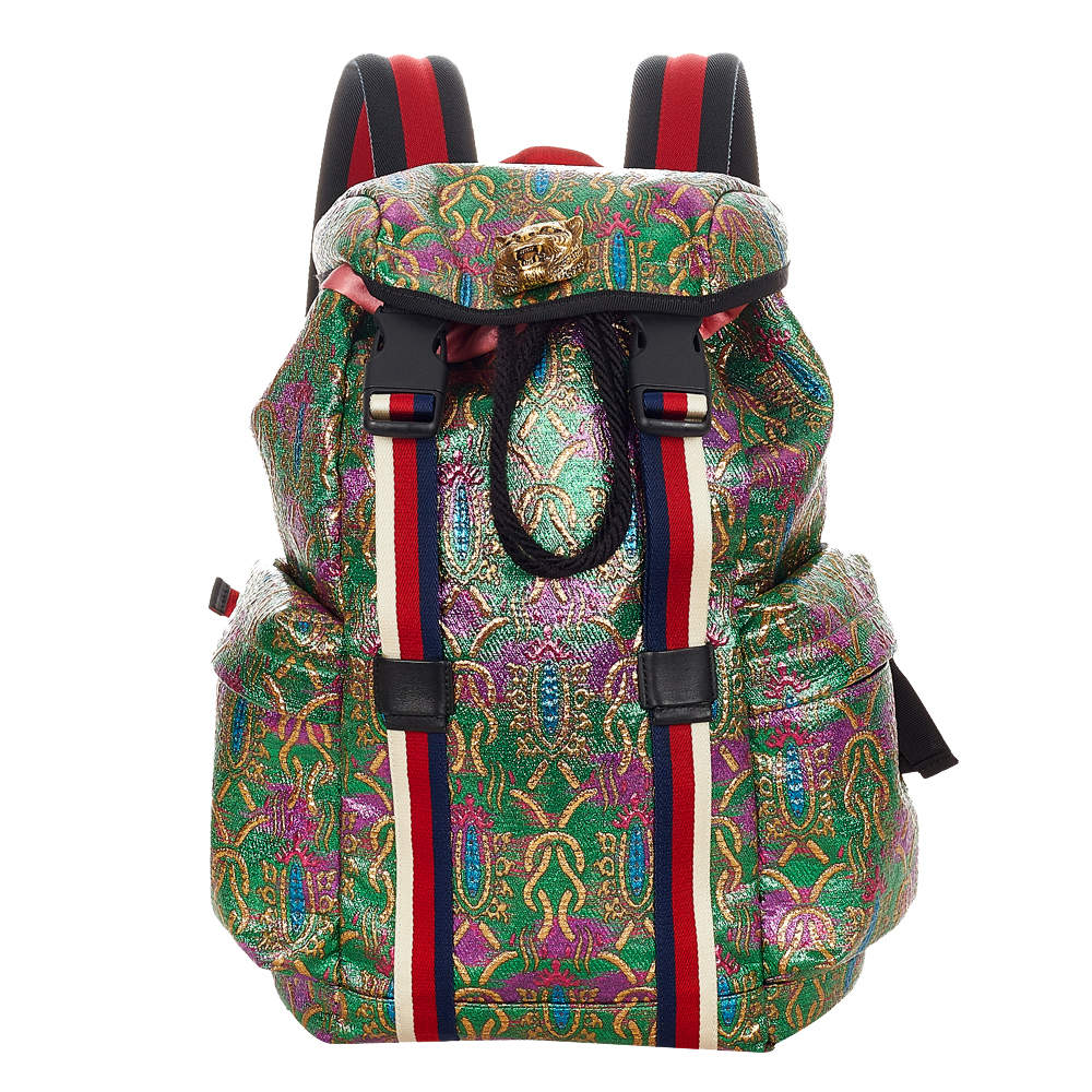 Gucci Green Fabric Brocade Web Backpack