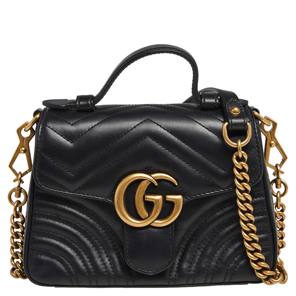 Gucci Black Matelassé Leather Mini GG Marmont Top Handle Bag