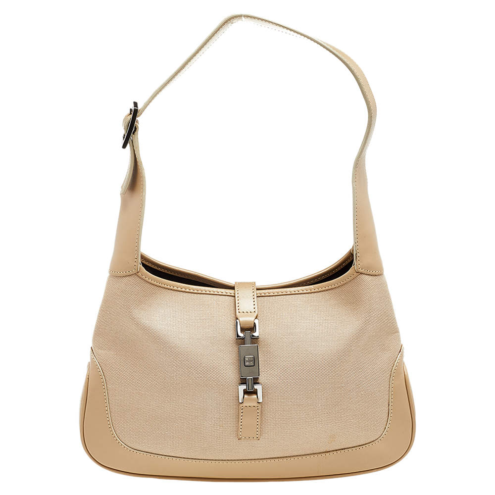 Pre Owned حقيبة هوبو غوتشي جاكي كانفاس وجلد بيج صغيرة