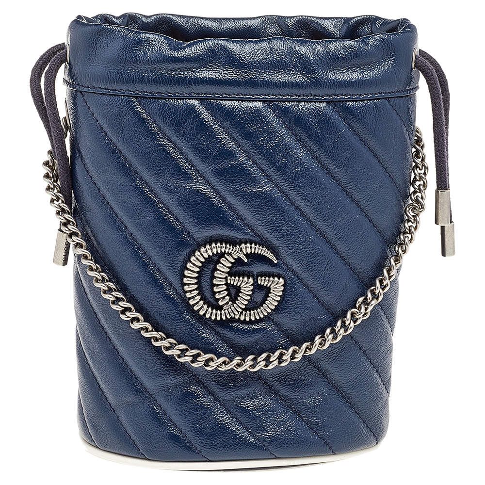 Pre Owned Gucci Blue/White Quilted Leather GG Marmont Bucket Bag