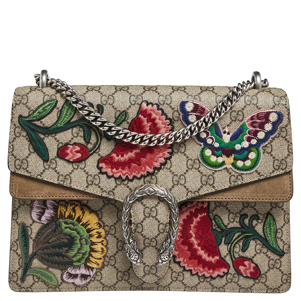 Pre Owned Gucci Beige/Ebony GG Supreme Canvas and Suede Medium Embroidered Butterfly/Flowers Dionysus Shoulder Bag