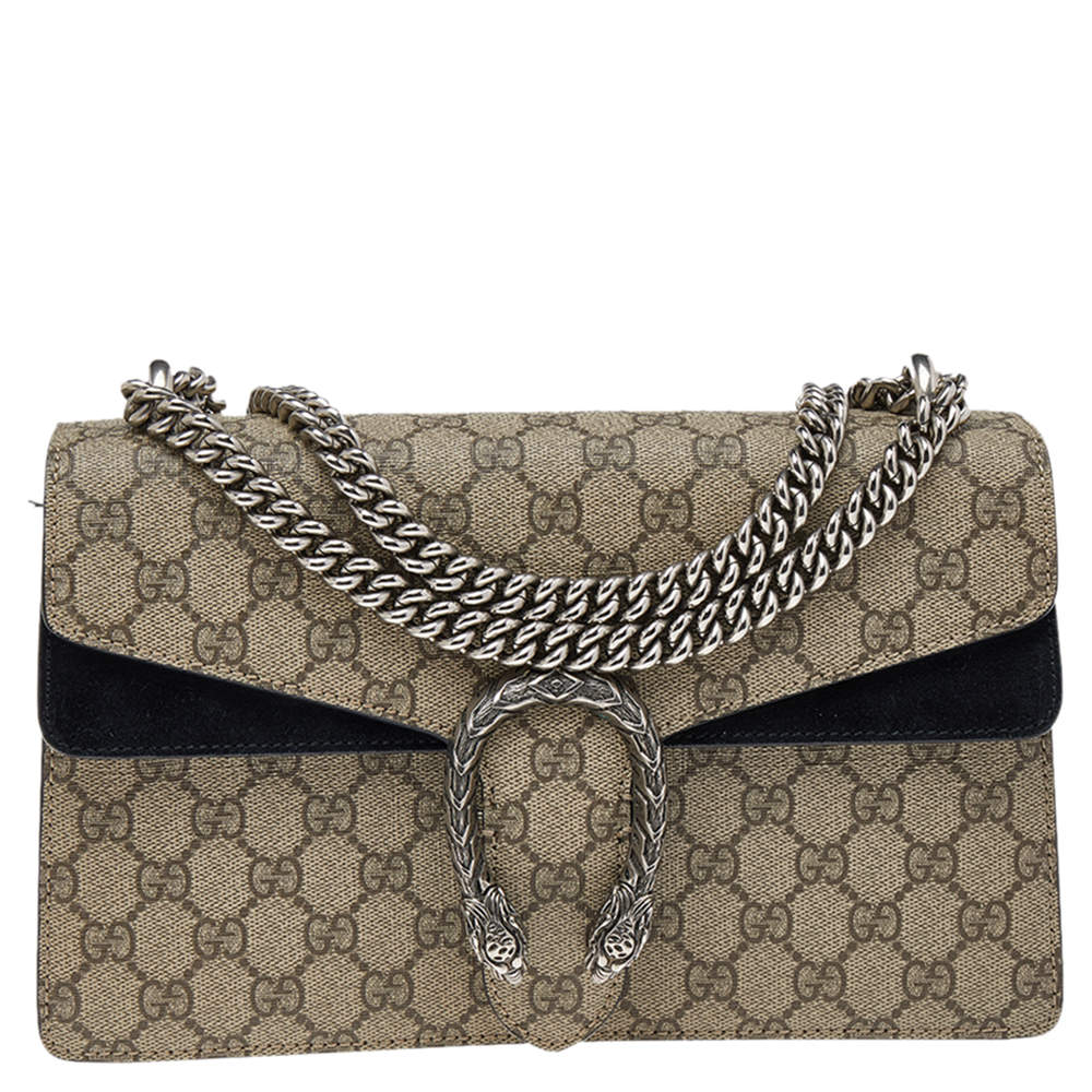 مملوكة مسبقًا Gucci Black/Beige GG Supreme Canvas and Suede Small Dionysus Shoulder Bag