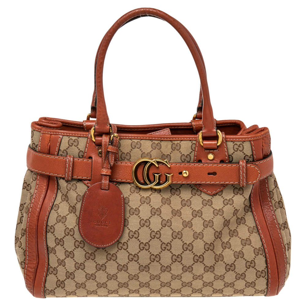 Gucci Beige/Orange GG Canvas and Leather Medium Running Tote