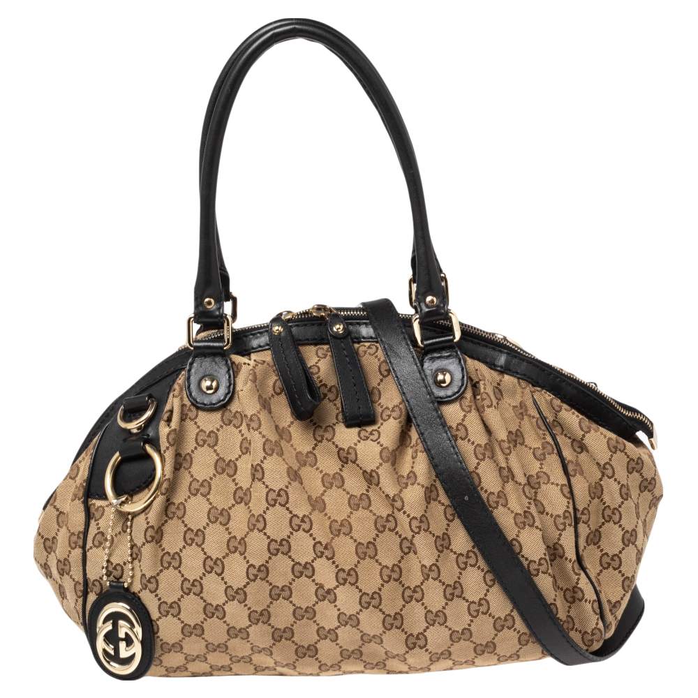 مملوكة مسبقًا حقيبة غوتشى سوكى بوسطن جلد و كانفاس جى جى أسود/بيج متوسطة 