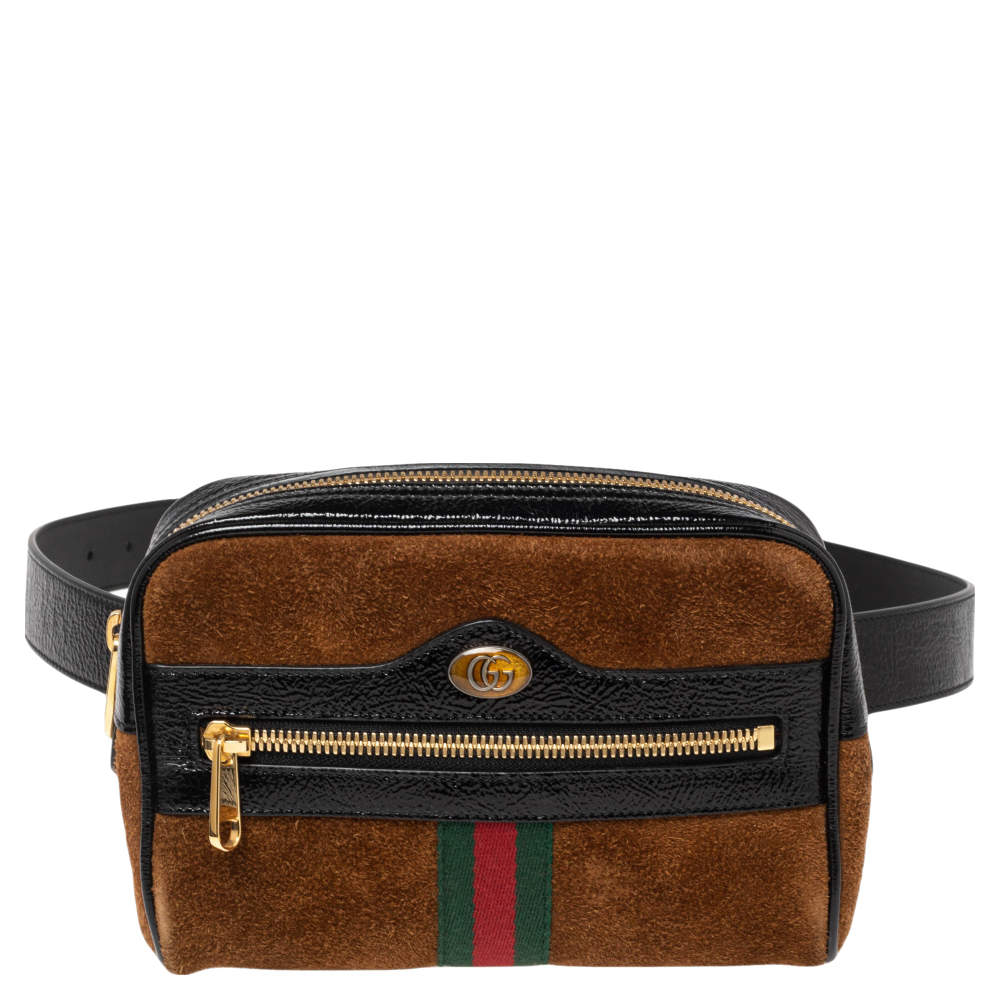 Gucci Brown Suede and Patent Leather GG Ophidia Belt Bag