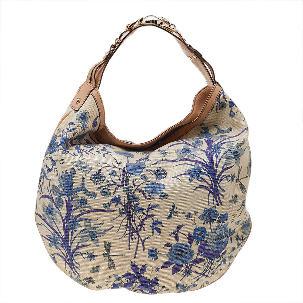 Gucci White Floral Print Canvas and Leather Small Horsebit Hobo at