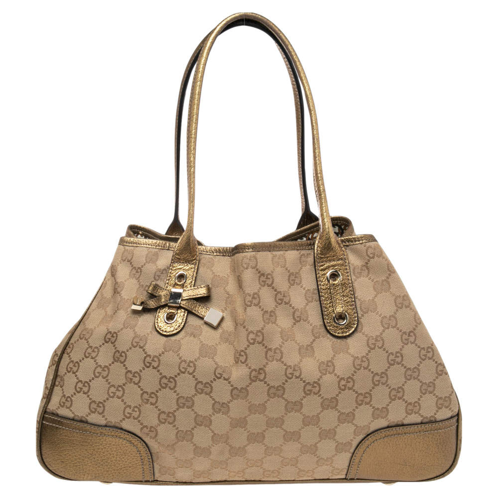 Pre Owned Gucci Gold/Beige GG Canvas and Leather Princy Tote