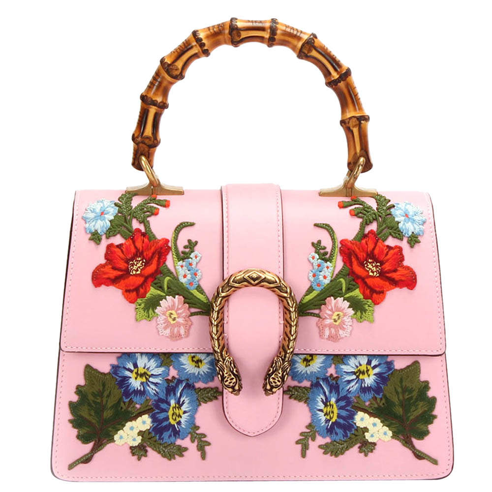 Pre Owned Gucci Pink Calf Leather Medium Bamboo Dionysus Embroidered Top Handle Bag