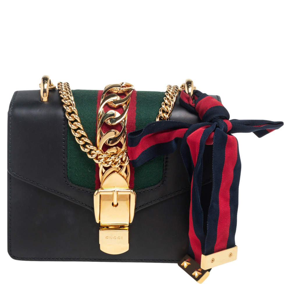 Pre Owned Gucci Black Leather Mini Web Chain Sylvie Crossbody Bag