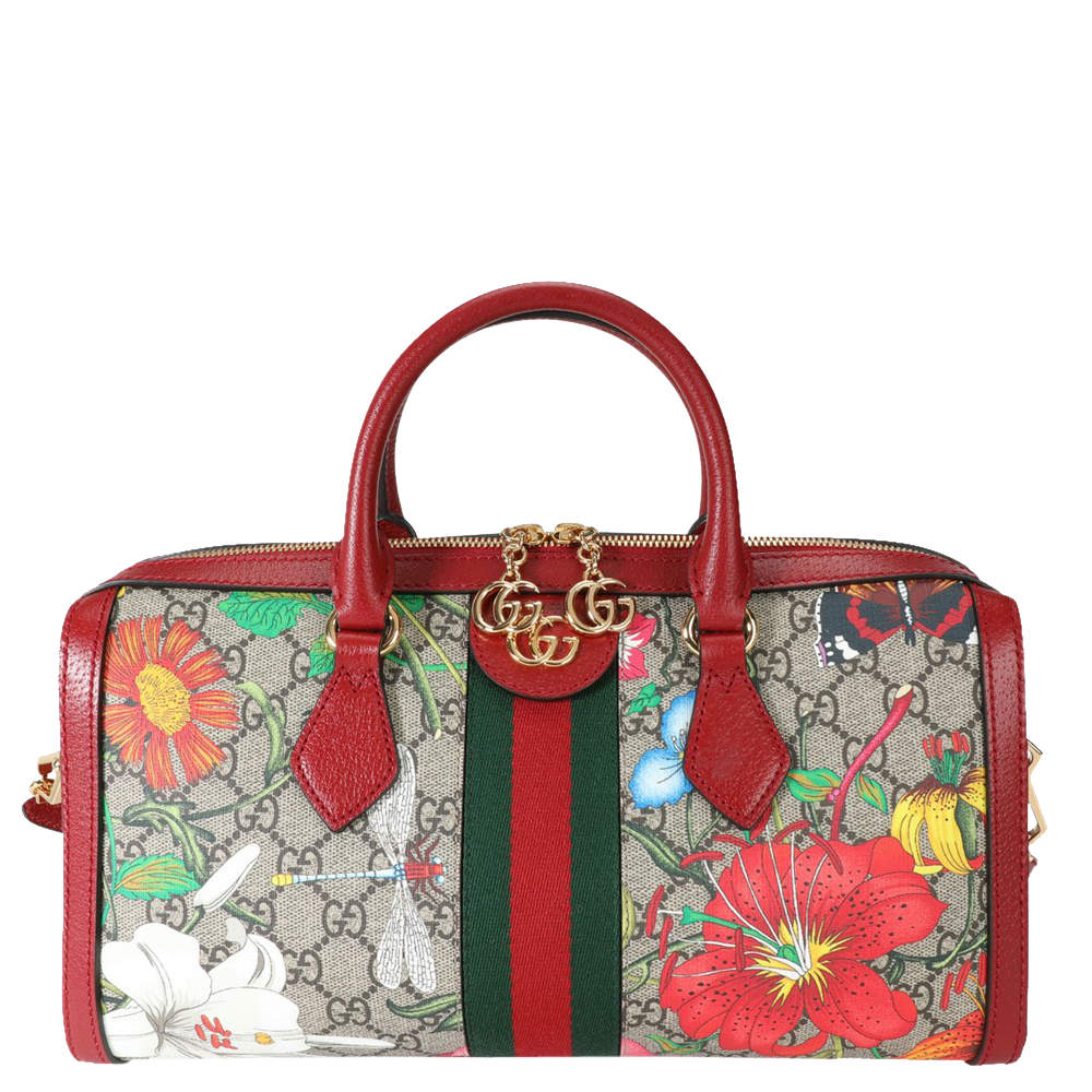 مملوكة مسبقًا Gucci Beige/Brown GG Supreme Flora Canvas Ophidia Medium Boston Bag