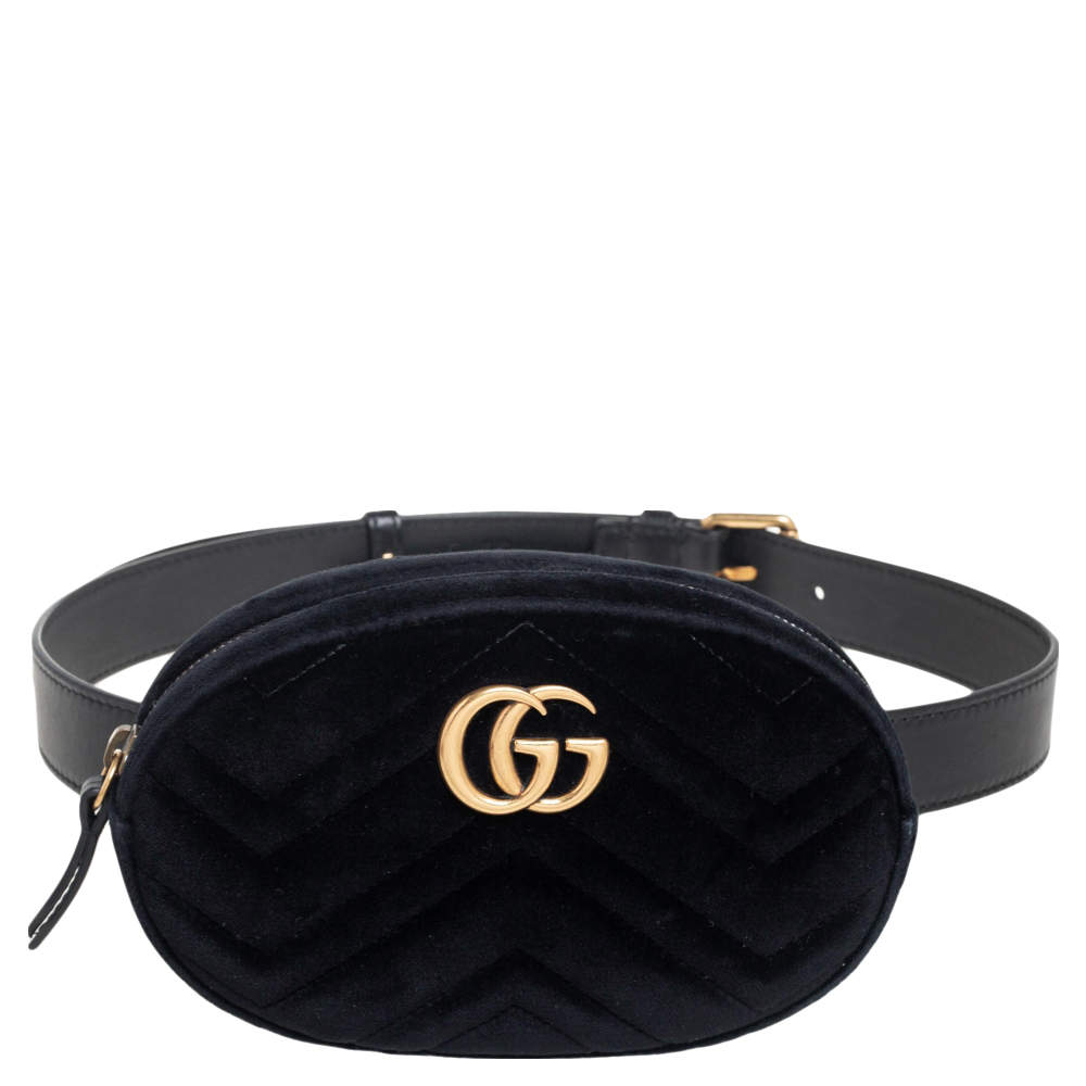 Pre Owned Gucci Black Matelasse Velvet and Leather GG Marmont Belt Bag
