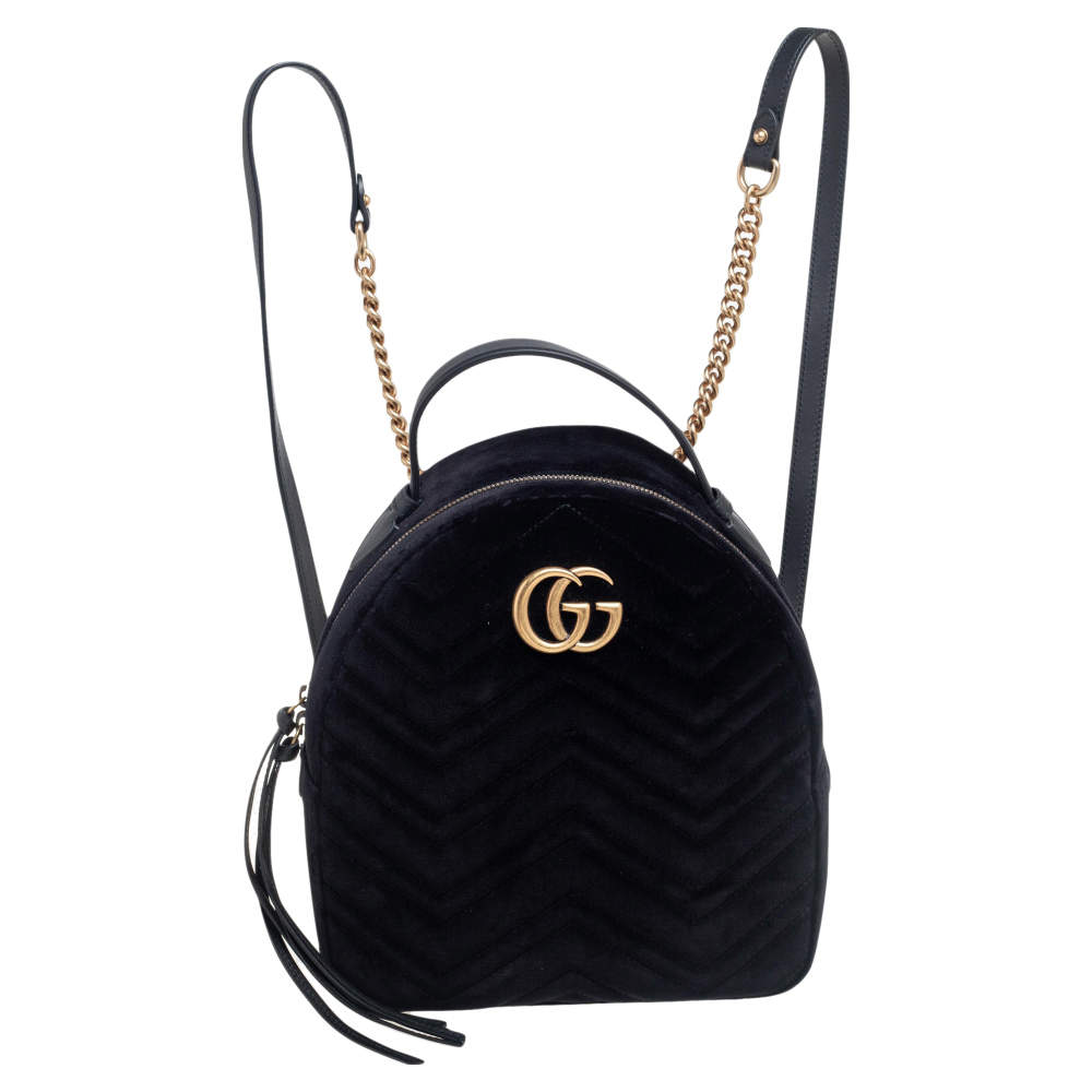 Gucci Black Matelasse Velvet GG Marmont Backpack