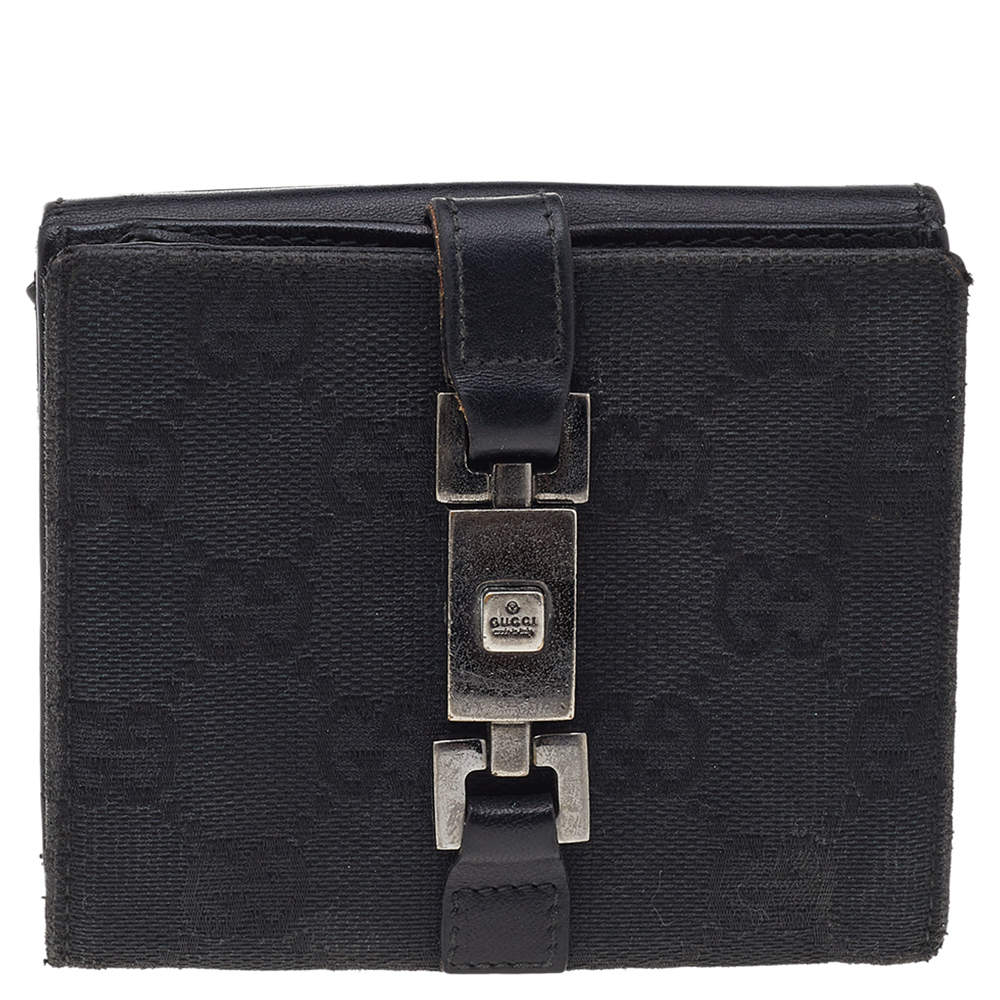 Pre Owned Gucci Black GG Canvas and Leather Jackie Compact Wallet