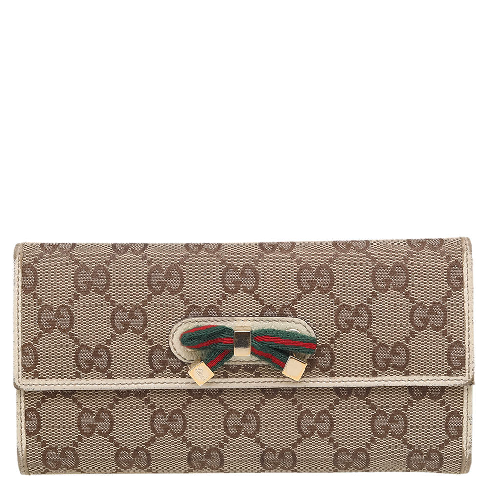 Gucci Beige-Cream GG Canvas And Leather Web Bow Continental Wallet