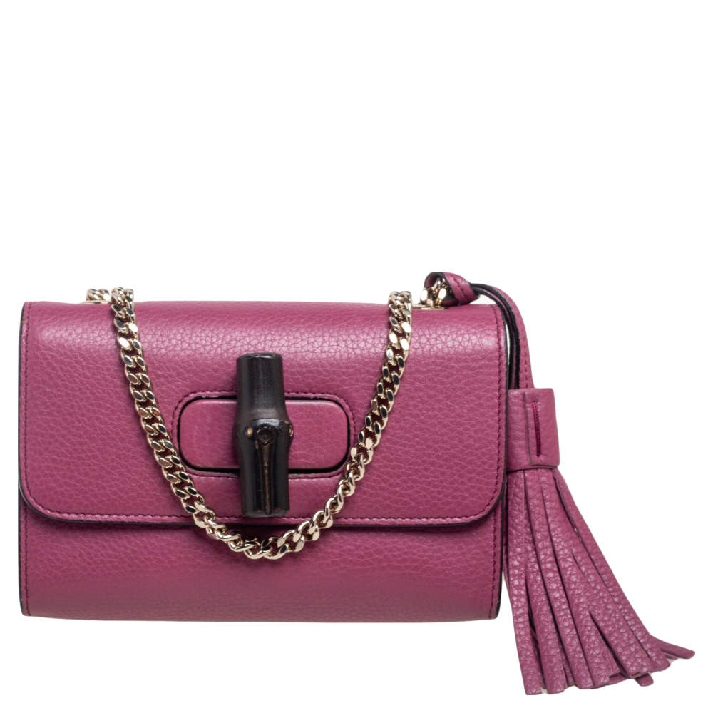 مملوكة مسبقًا حقيبة كتف غوتشي ميس بامبو جلد وردي داكن مزينة دلاية بشراشيب