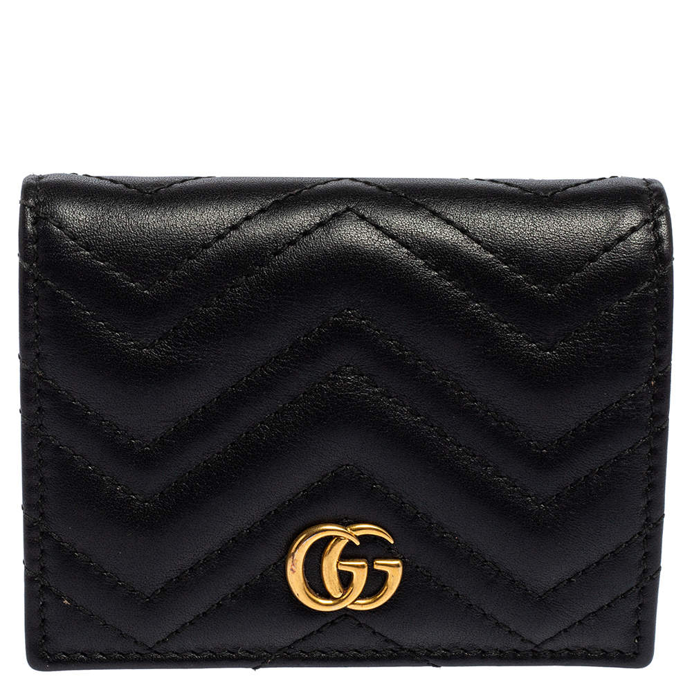 Pre Owned Gucci Black Matelassé Leather GG Marmont Card Case