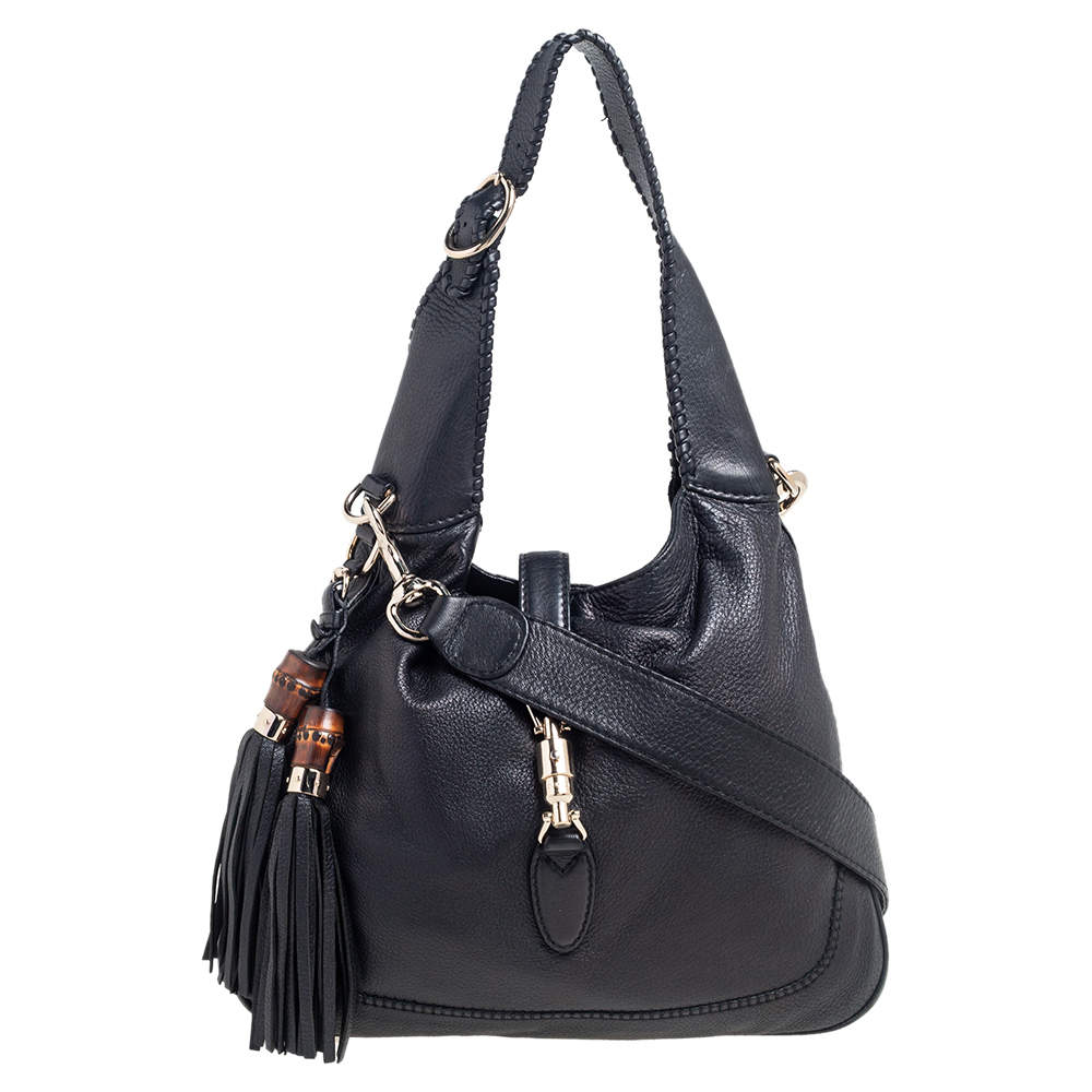 Pre Owned Gucci Black Leather Medium Jackie Hobo