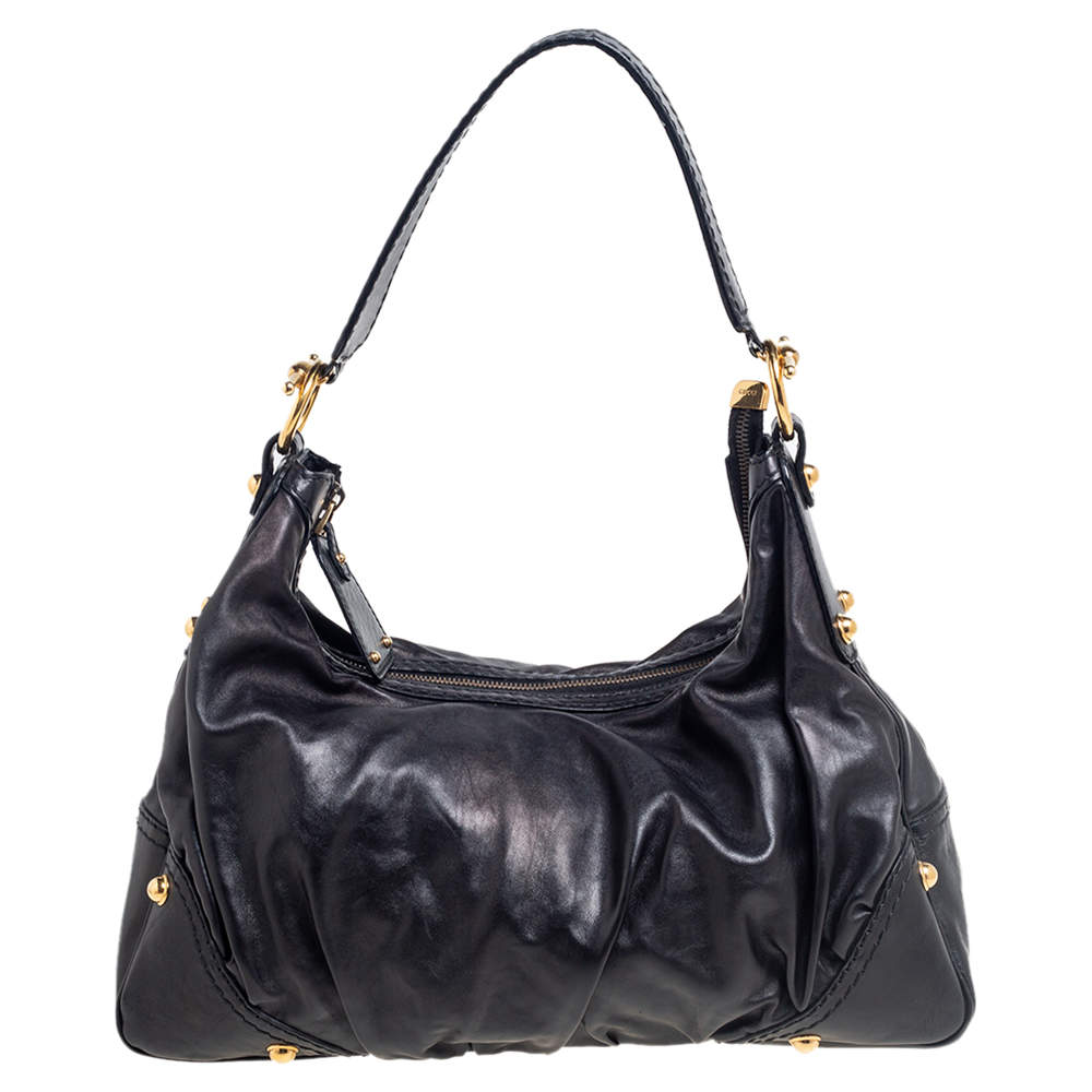 Pre Owned Gucci Black Leather Creole Hobo
