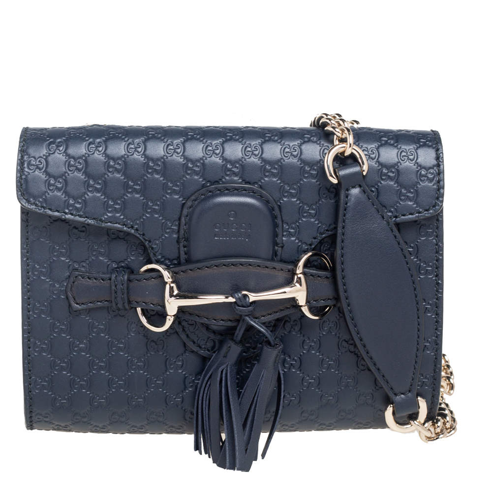 Pre Owned Gucci Navy Blue Microguccissima Leather Mini Emily Chain Shoulder Bag