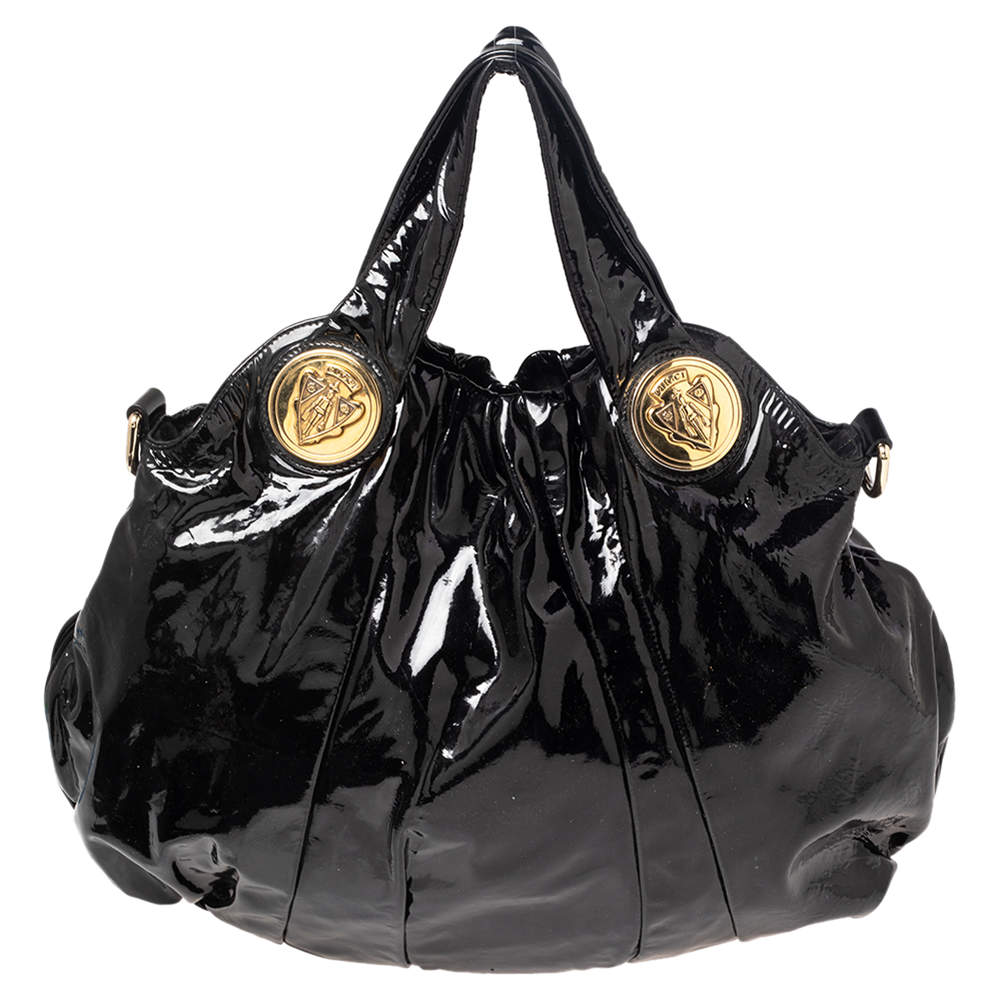 Pre Owned Gucci Black Patent Leather Large Hysteria Hobo
