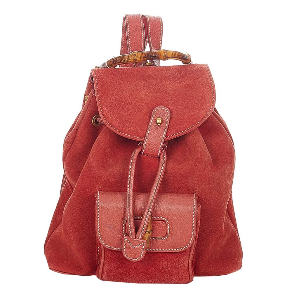 Pre Owned Gucci Red Suede Bamboo Suede Backpack