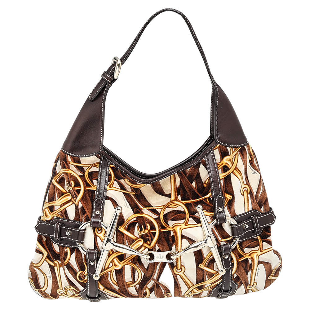 Pre Owned Gucci Dark Brown/Beige Leather And Horsebit Print Velvet 85th Anniversary Brit Hobo