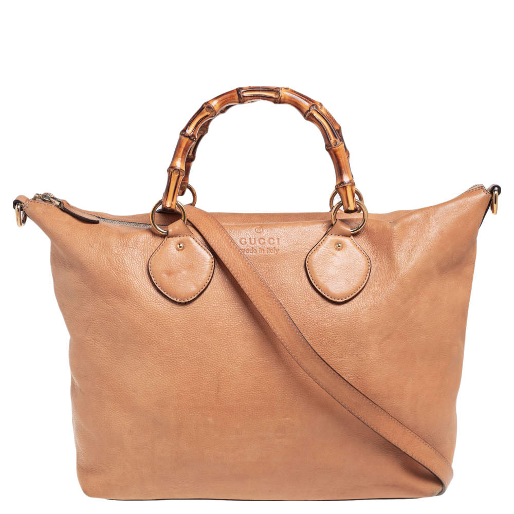 Pre Owned Gucci Beige Leather Medium Bamboo Shopper Tote