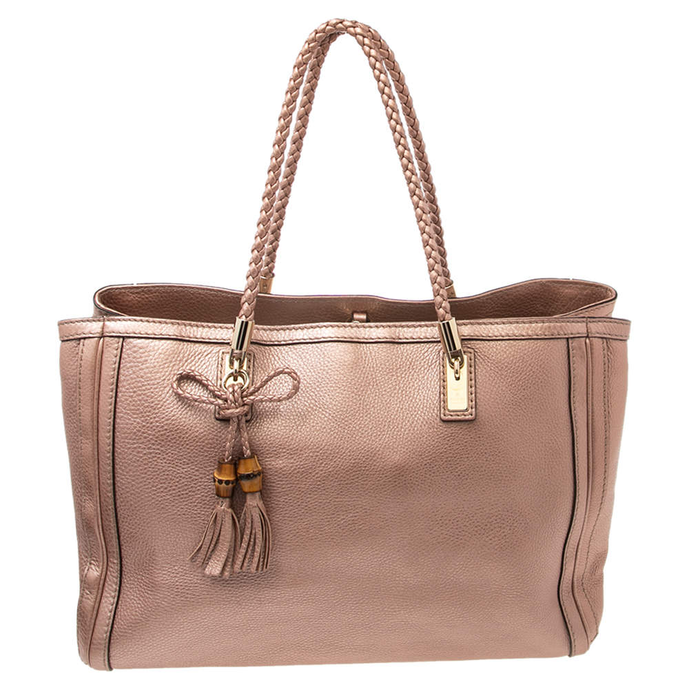 Pre Owned Gucci Metallic Pink Grained Leather Bella Tote