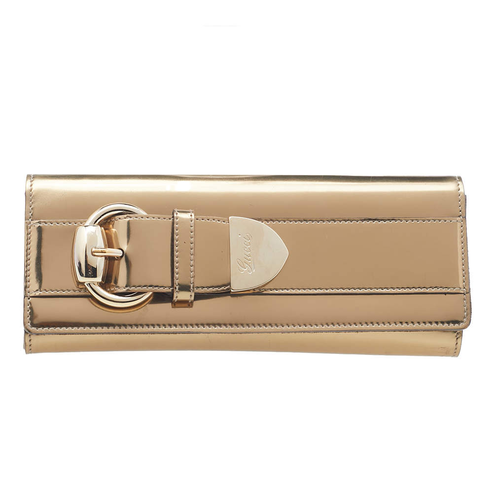 مملوكة مسبقًا Gucci Gold Leather Lady Buckle Clutch