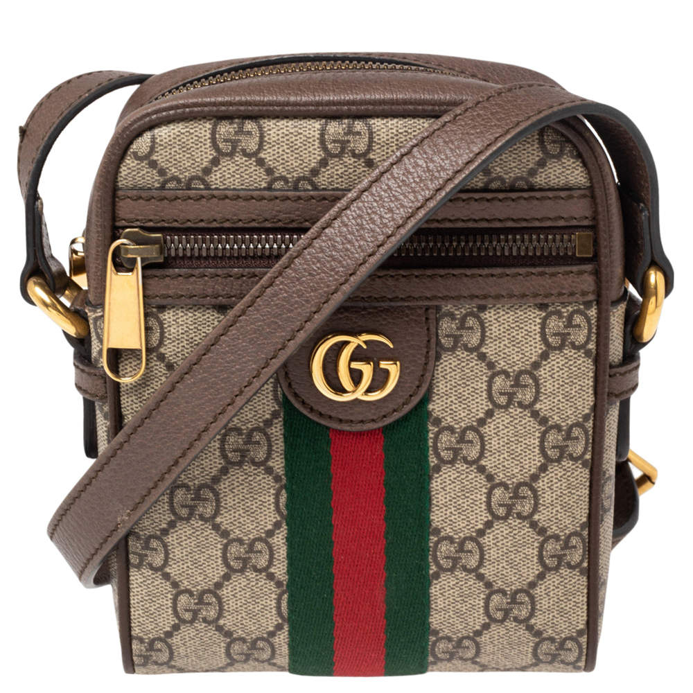 Pre Owned Gucci Brown/Beige GG Supreme And Web Ophidia Shoulder Bag