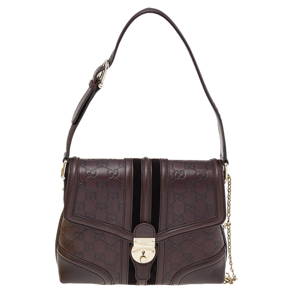 مملوكة مسبقًا Gucci Brown Leather And Velvet Guccissima Treasure Flap Shoulder Bag
