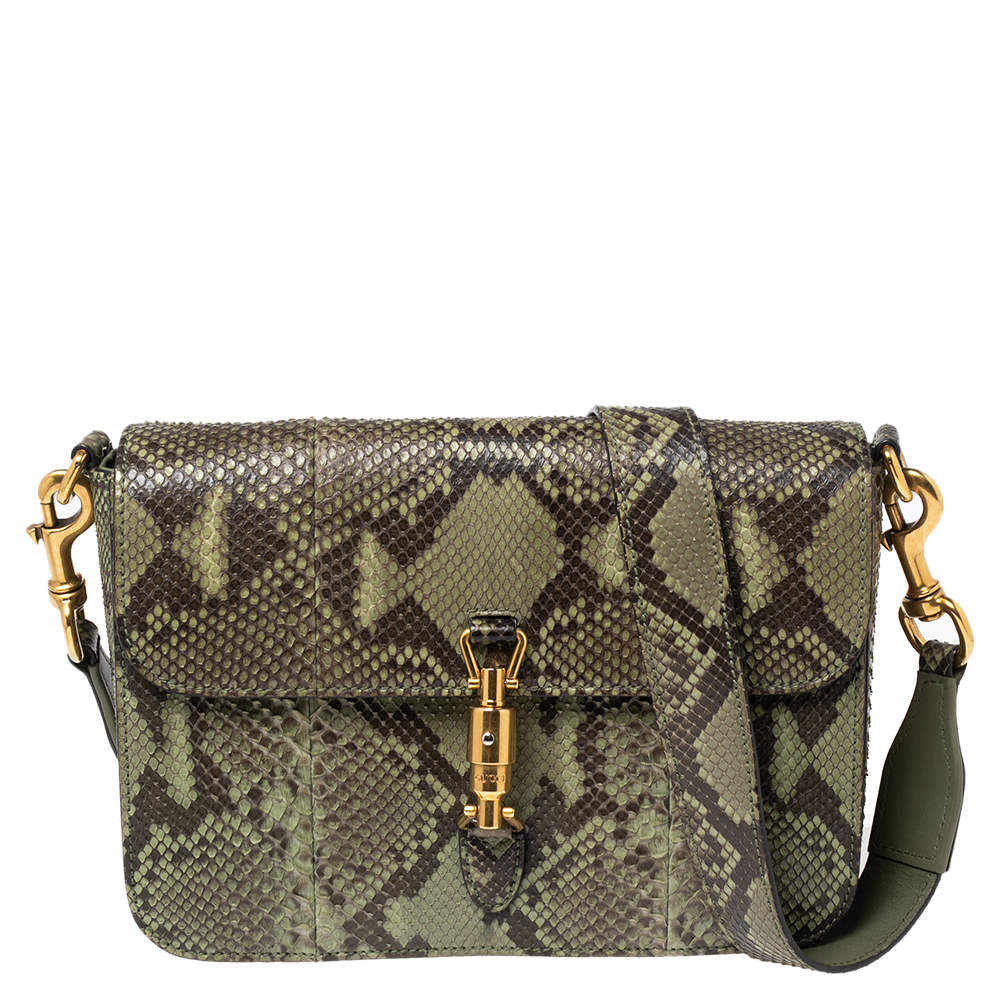 مملوكة مسبقًا Gucci Green Python Jackie Flap Shoulder Bag
