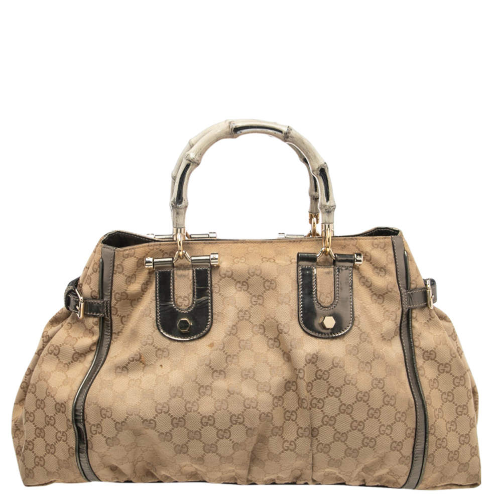 Pre Owned Gucci Beige GG Canvas And Patent Leather Pop Bamboo Handle Tote
