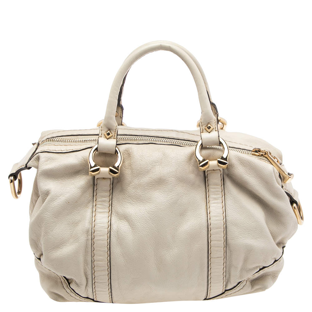 Pre Owned Gucci Off White Leather Equestrian Horseshoe Satchel