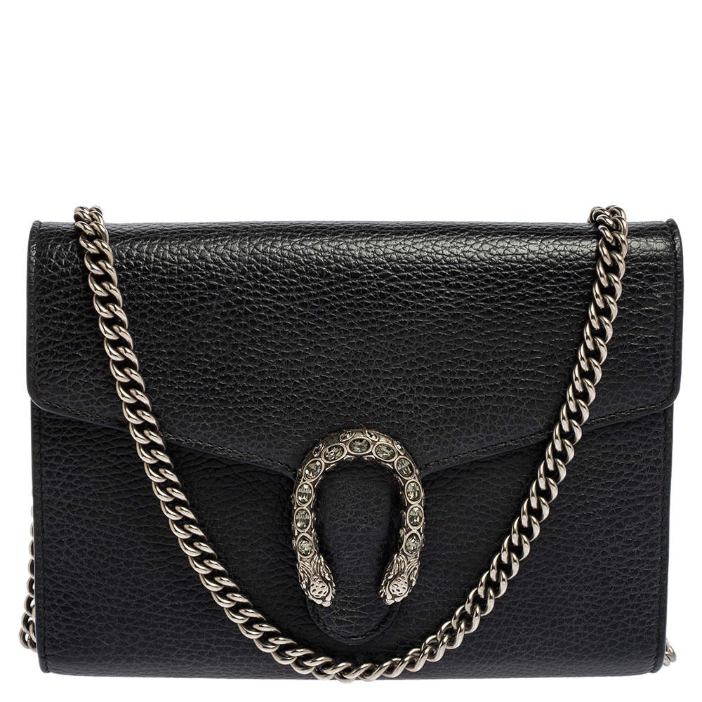 Pre Owned Gucci Black Leather Mini Dionysus Wallet On Chain