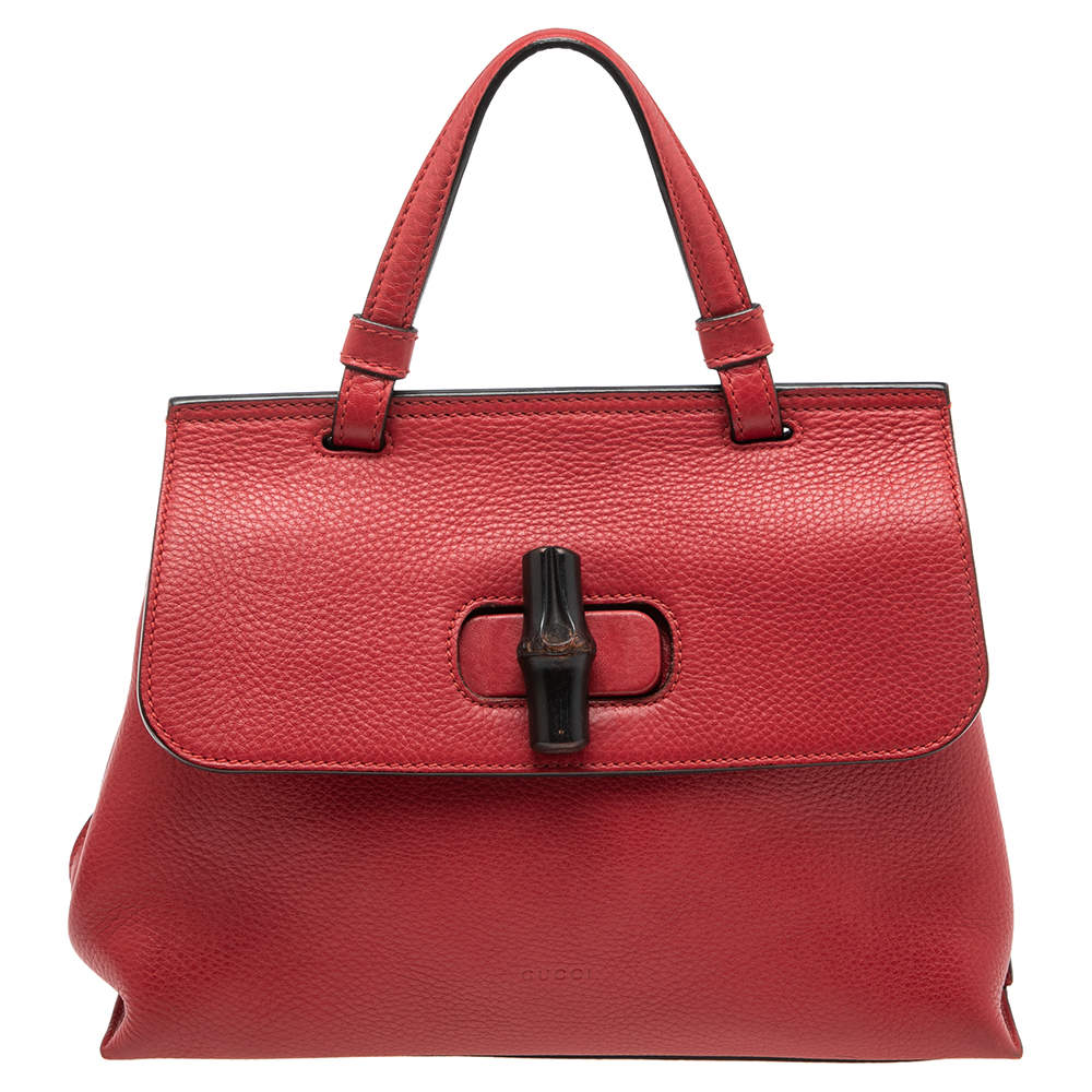 Pre Owned Gucci Red Leather Small Bamboo Daily Top Handle Bag