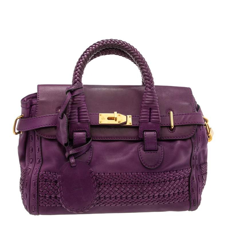 Pre Owned Gucci Purple Leather Medium Handmade Top Handle Satchel