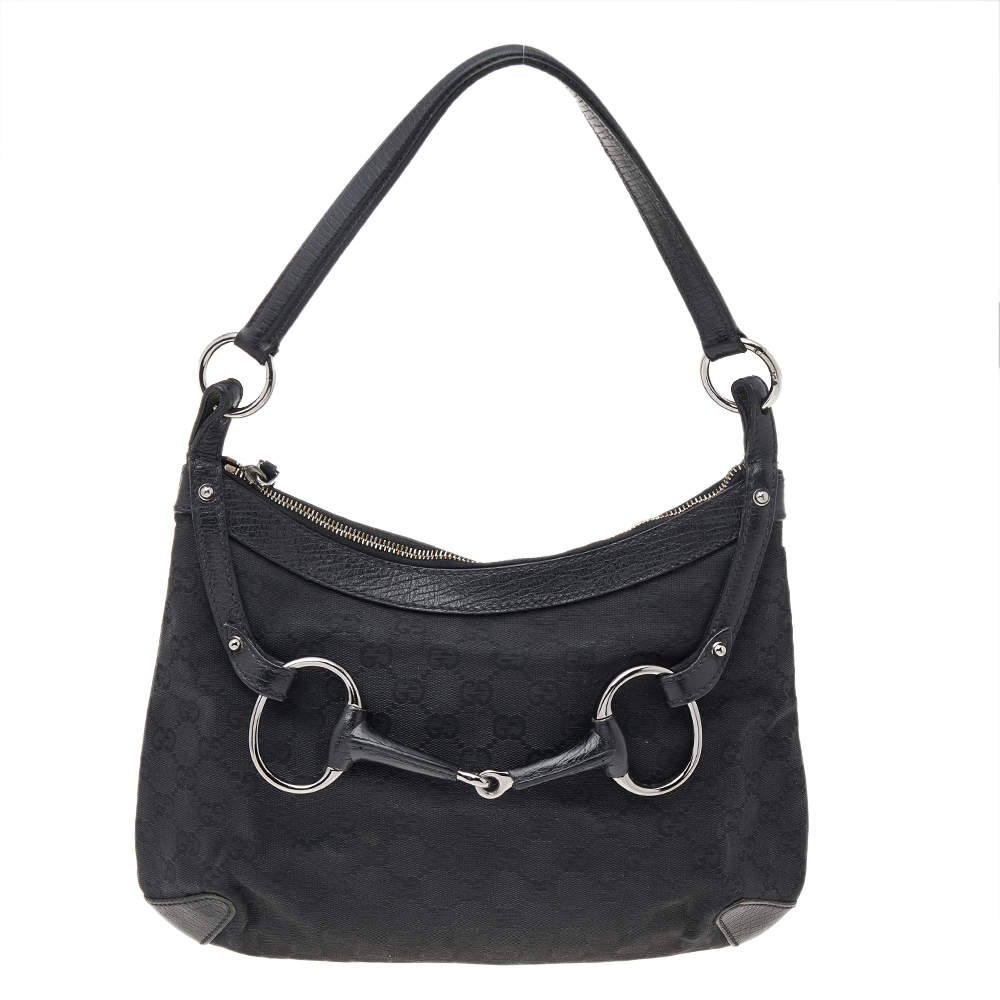 Gucci Black GG Canvas And Leather Horsebit Hobo Gucci | The Luxury Closet