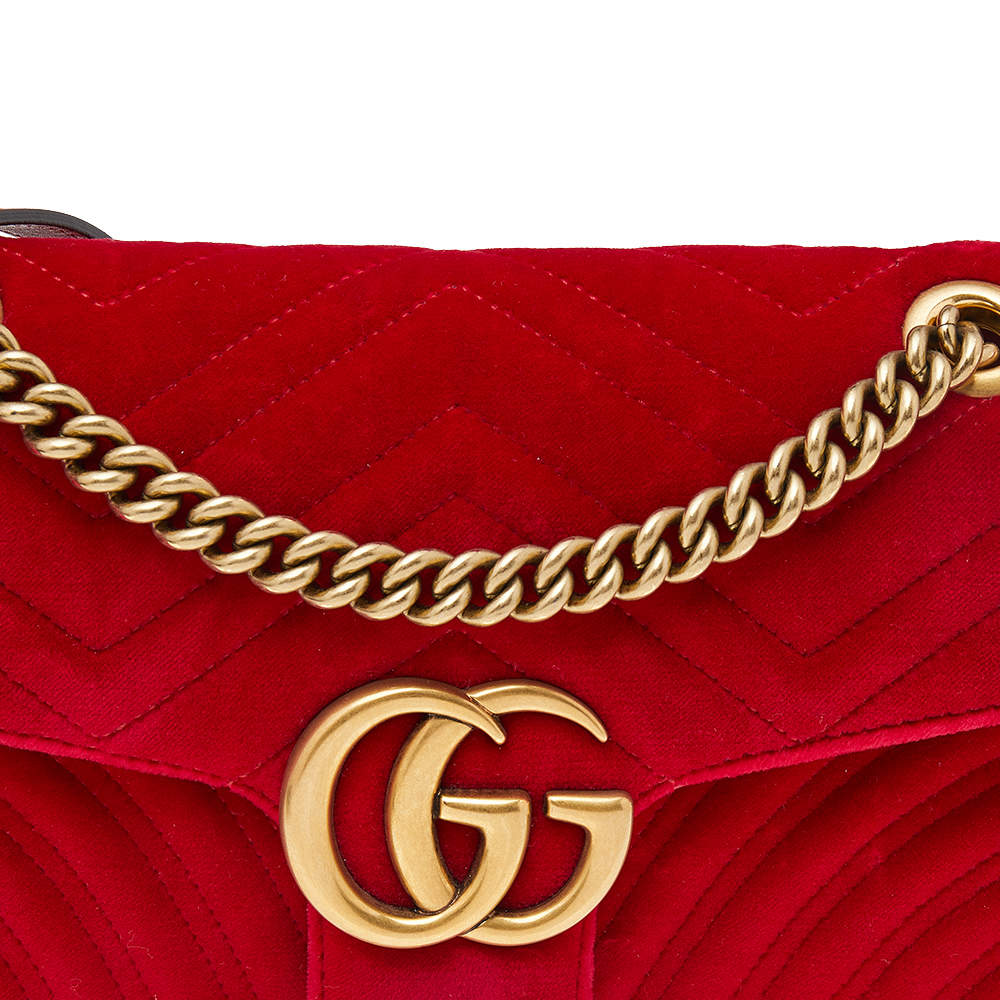 Gucci GG Marmont Shoulder Bag Matelasse Velvet Small Hibiscus Red