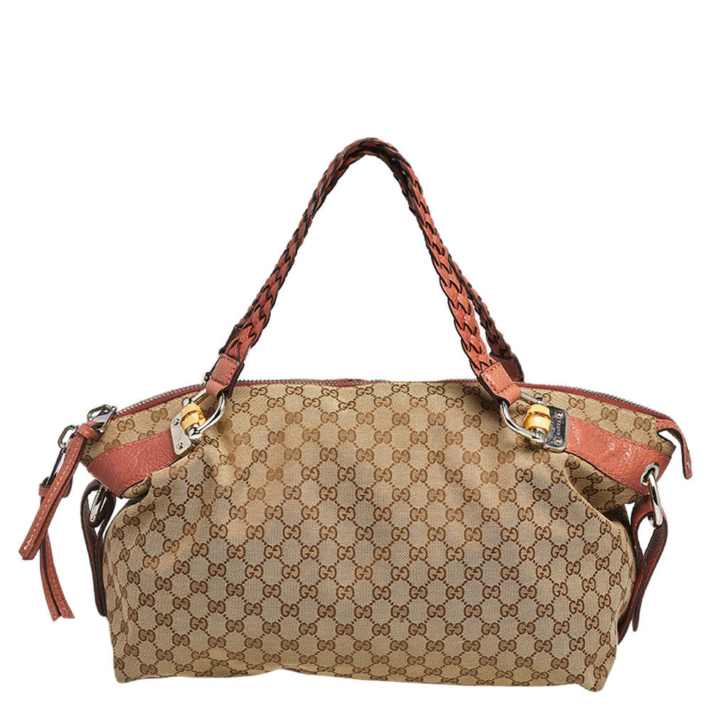 Pre Owned Gucci Beige GG Canvas and Leather Medium Bamboo Bar Shoulder Bag