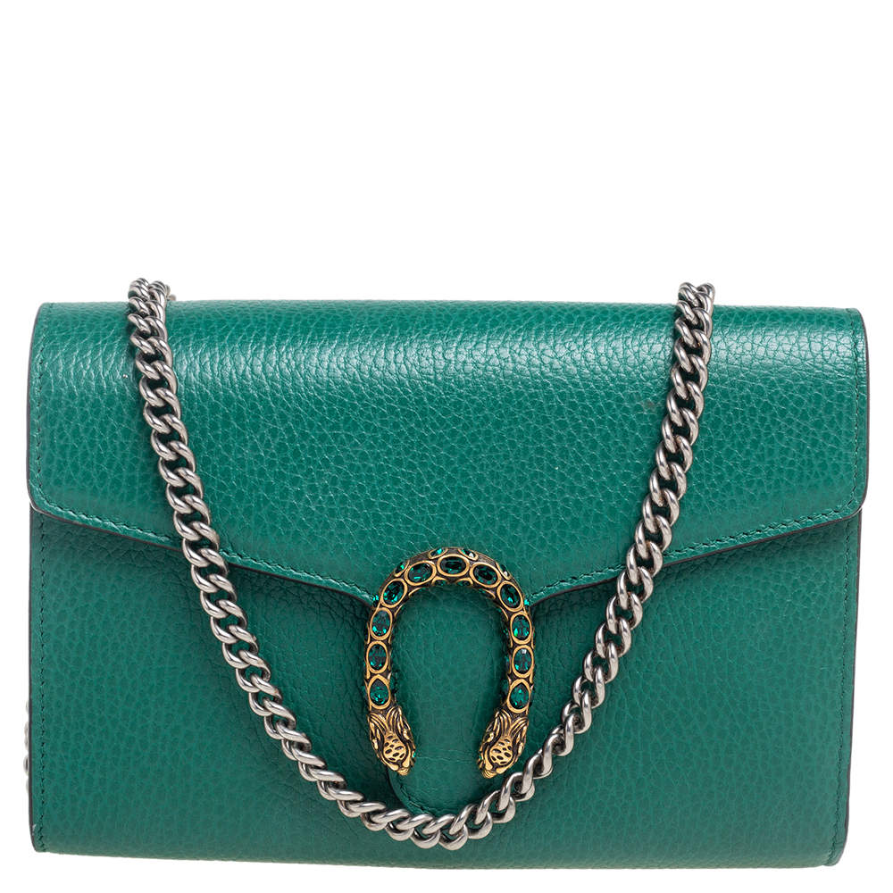 Pre Owned Gucci Green Leather Dionysus Wallet On Chain