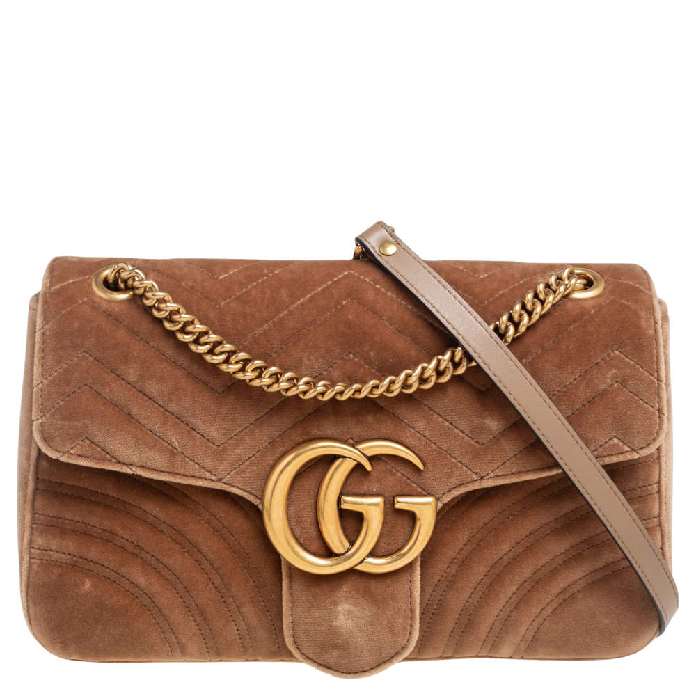Pre Owned Gucci Tan Matelassé Velvet Medium GG Marmont Shoulder Bag