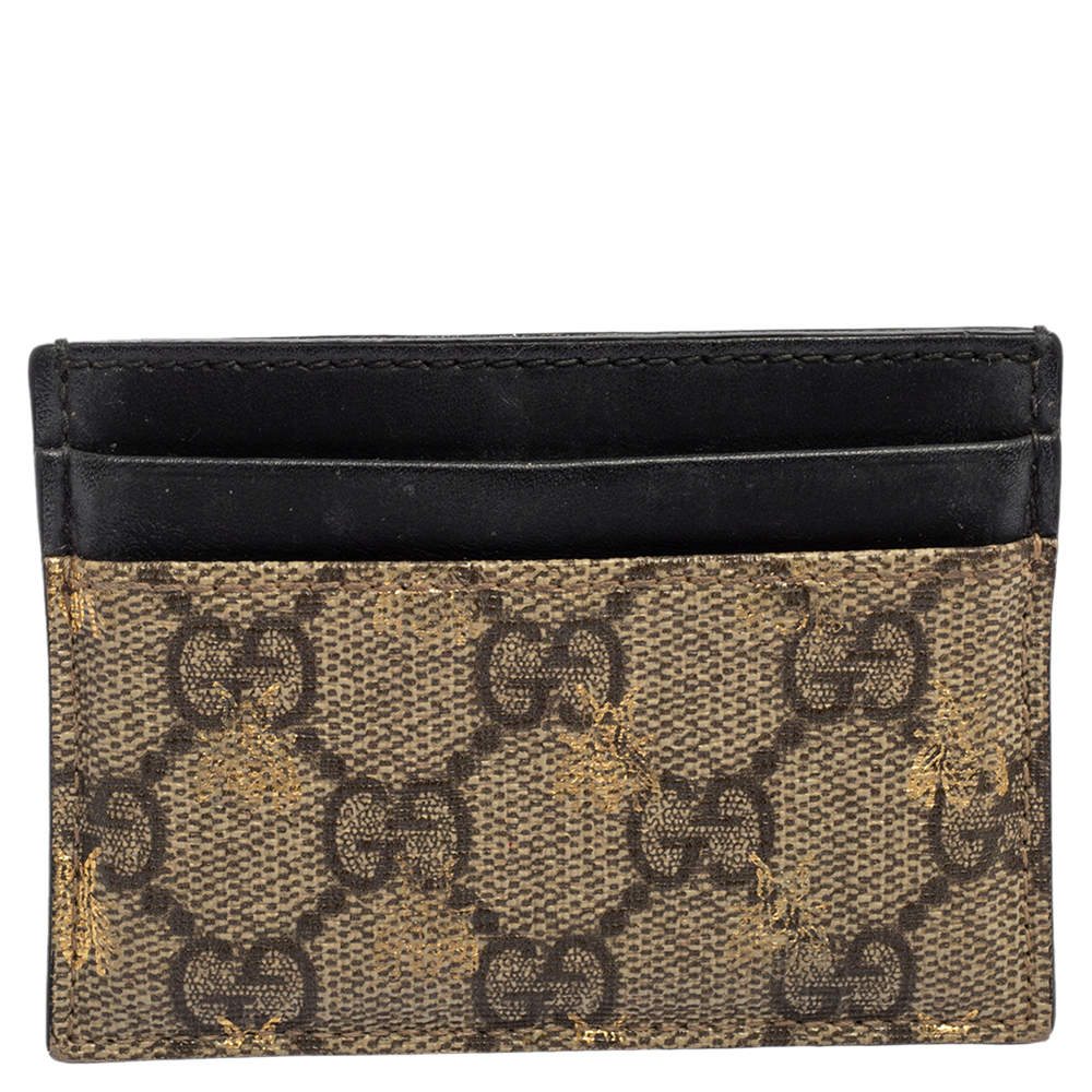 Pre Owned Gucci Black/Beige GG Supreme Canvas and Leather Bee Card Holder  