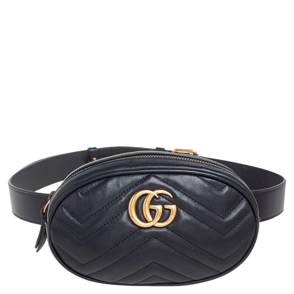 Gucci Black Matelassé Leather GG Marmont Belt Bag