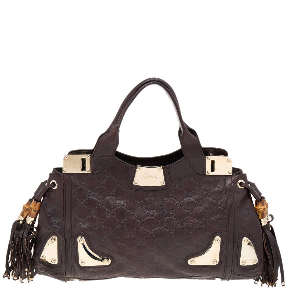 Pre Owned حقيبة ساتشل غوتشي إندي شراشيب بامبو جلد غوتشيسيما بني