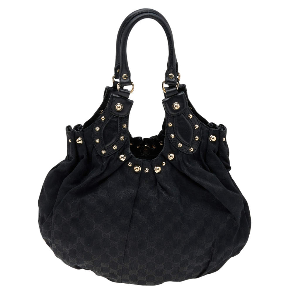 Pre Owned Gucci Black GG Canvas and Leather Studded Pelham Bag