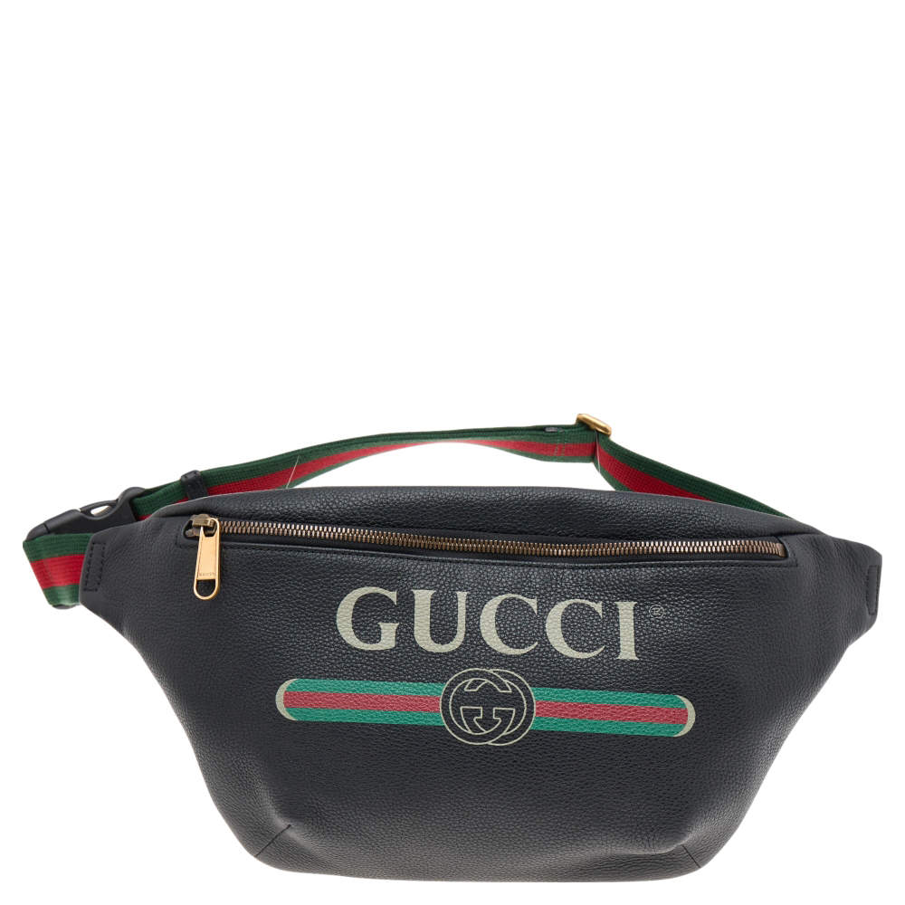 Pre Owned Gucci Black Pebbled Leather Logo Web Belt Bag