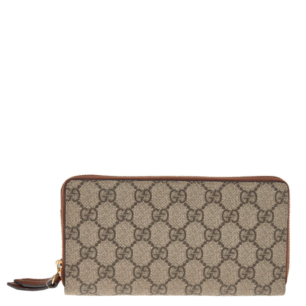 Pre Owned Gucci Beige/Tan GG Supreme Canvas Zip Around Wallet