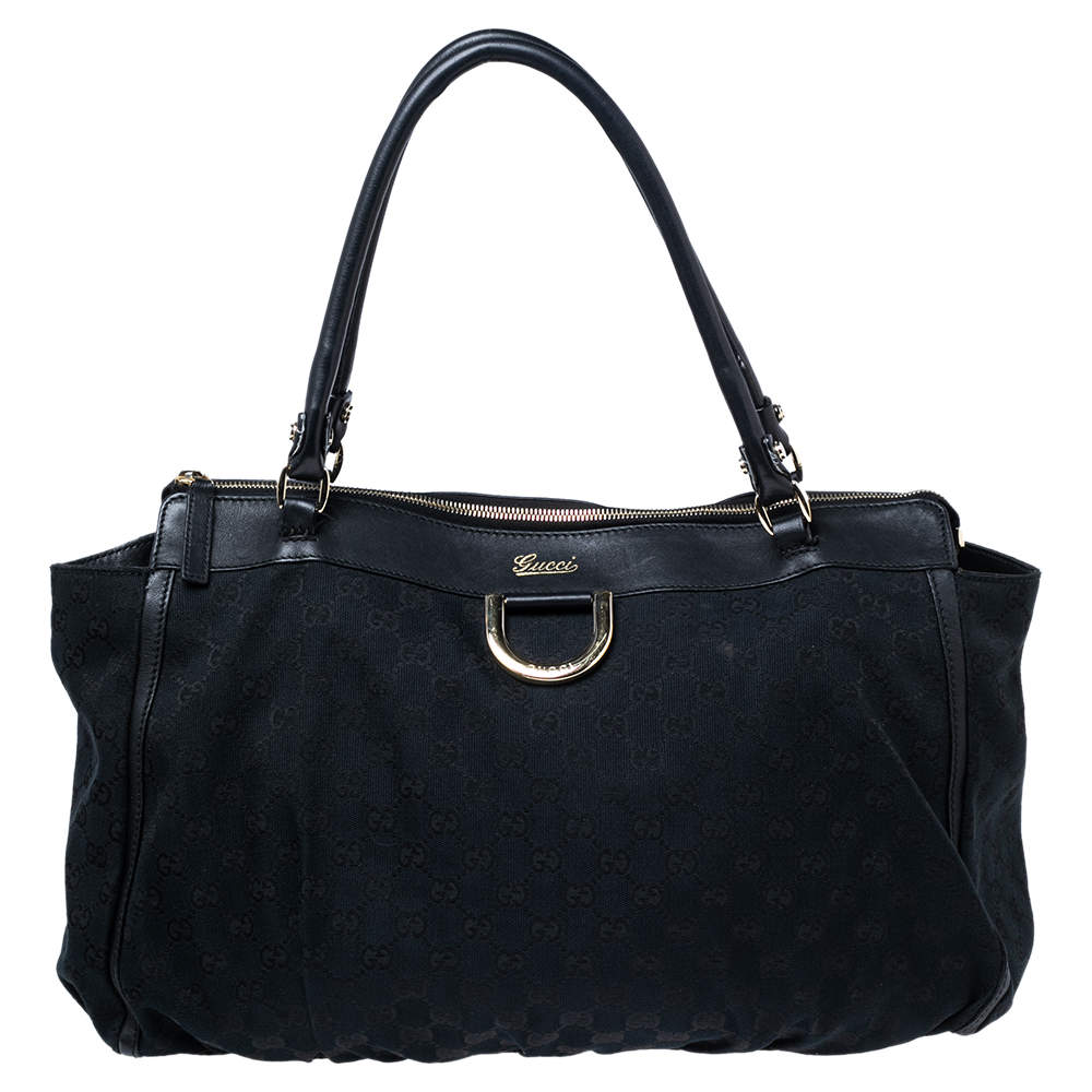 Pre Owned Gucci Black/Navy Blue GG Canvas and Leather D-Ring Tote