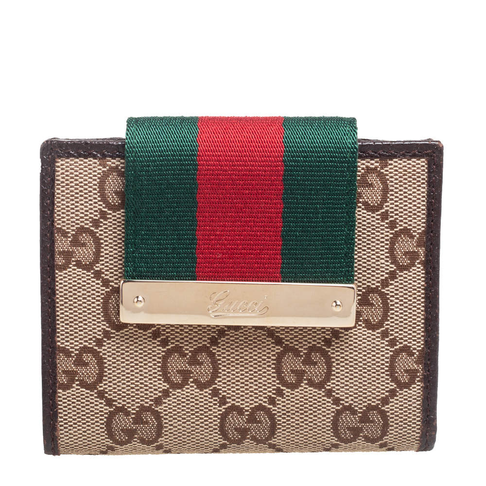 مملوكة مسبقًا محفظة غوتشي مضغوطة قلاب ويب جلد وكانفاس جي جي بيج/ بني